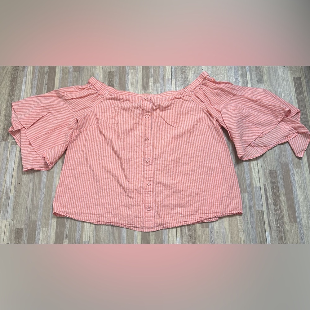 Lane Bryant Off-The-Shoulder Pink & Orange Flared Sleeve Shirt with Eyelets
